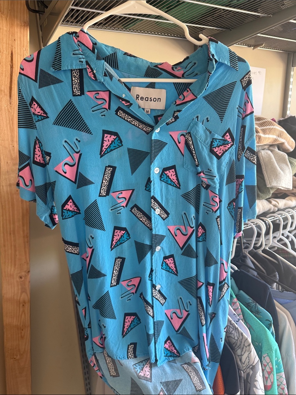 Reason Men's Turquoise Geo-Print Short Sleeve Button-Up Shirt with Pink Accents